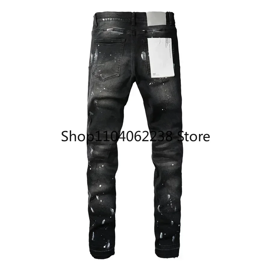 2024 Fashion top quality Purples Jeans Men Brands High Street Paint Dot Knife Cut Hole Repair Low Rise Skinny Denim Pants