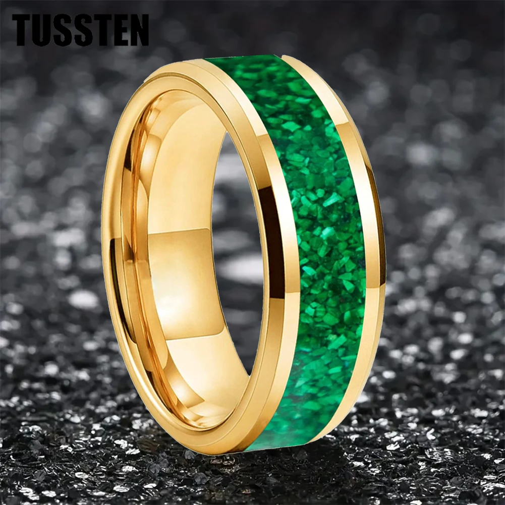 Dropshipping TUSSTEN 6/8MM Green Opal Inlay Pipe Cut Polished Tungsten Ring for Men Women Engagement Wedding Band