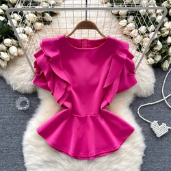 Women Chic Ruffle sweet Tank Top Slim Basic Sexy Korean Fashion Puff Sleeve Top summer Women Blouse