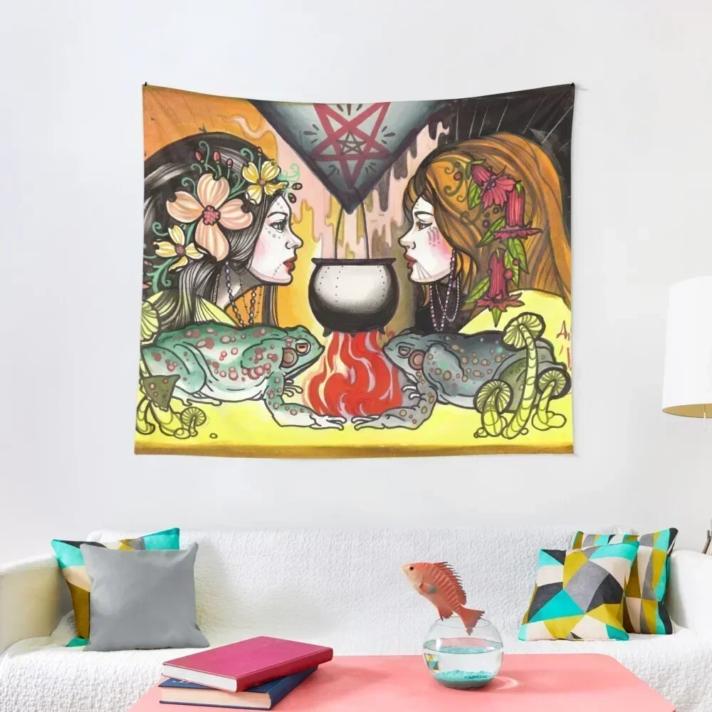 

witching hour, witches with toads and pentagram Tapestry Room Decor Cute Decoration For Bedroom Aesthetic Home Decor Tapestry