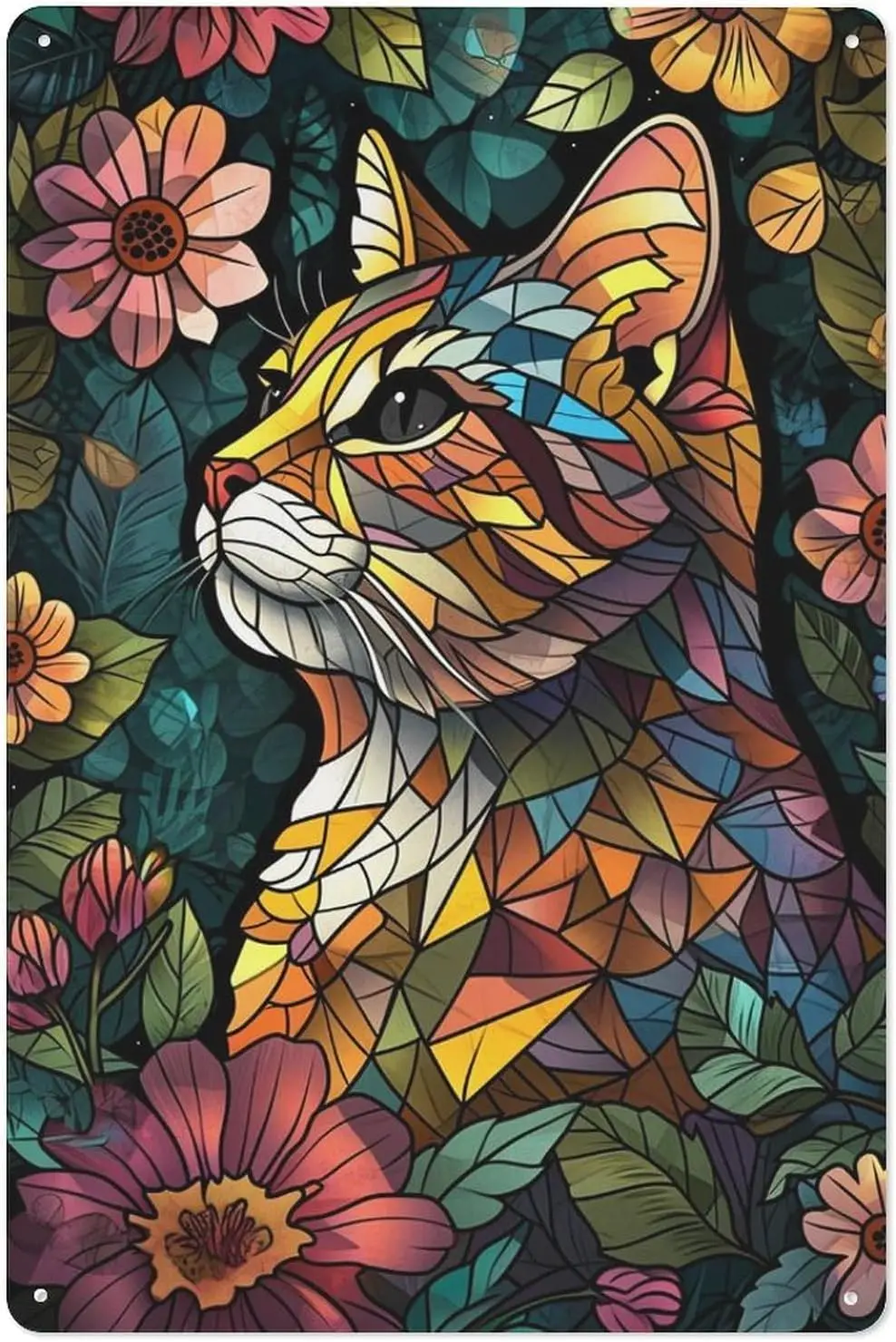 Cat Tin Metal Signs Stained Glass Wall Art Decorations for Bar Pub Club Cafe Room Farmhouse Home Decor 30x20cm