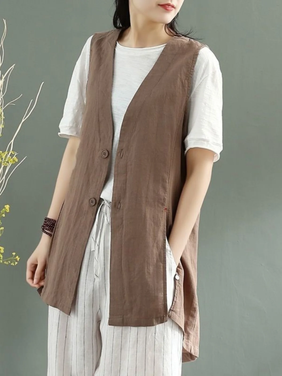 

Несезонный льняной жилет на пуговицах, женский свободный жилет средней длины из хлопка и льна с пуговицами, Jaet для поездок на работу, с застежкой на одной пуговице