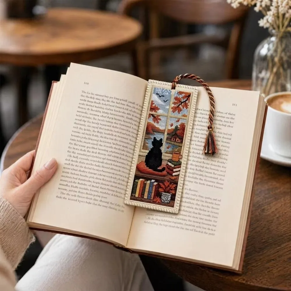Seasonal Cat Cross Stitch Bookmark Material Kit Handcrafted with Braided Rope Embroidery Page Marker Book Page Marker