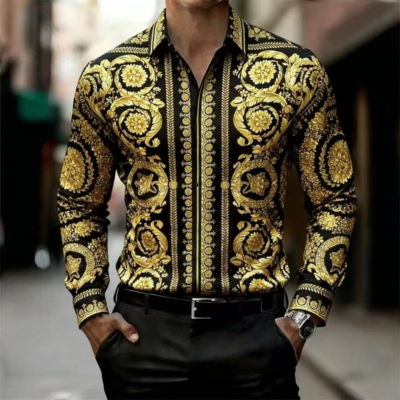 Men's luxury Baroque style gold patterned long sleeved shirt, fashionable thin palace high-definition 3D printing, big promotion
