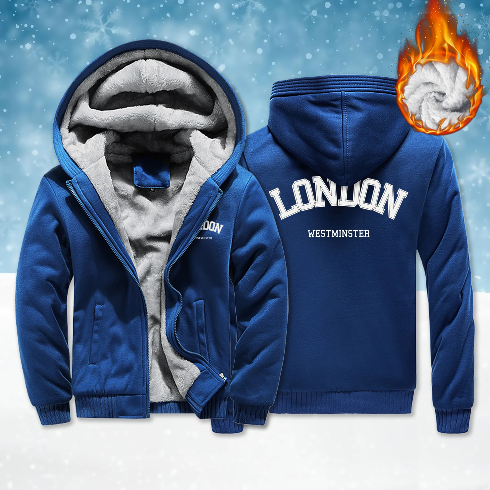

London Westminster Print Male Zipper Pocket Jacket Loose Casual Hoodies Street Retro Fleece Thicken Coat Vintage Clothes Male