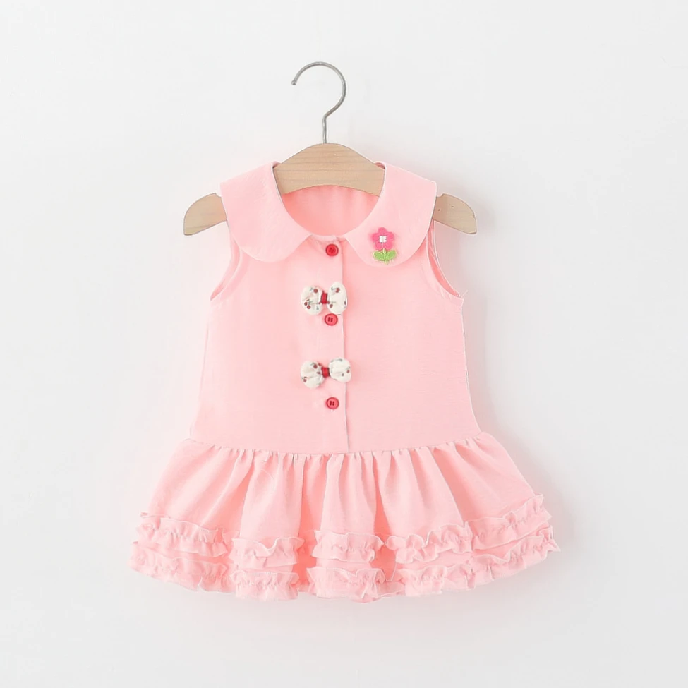 Toddler Girl Pink Sleeveless Dress Sweet Bow Accents Ruffle Hem Doll Collar Dress Girls Summer Outing Clothing