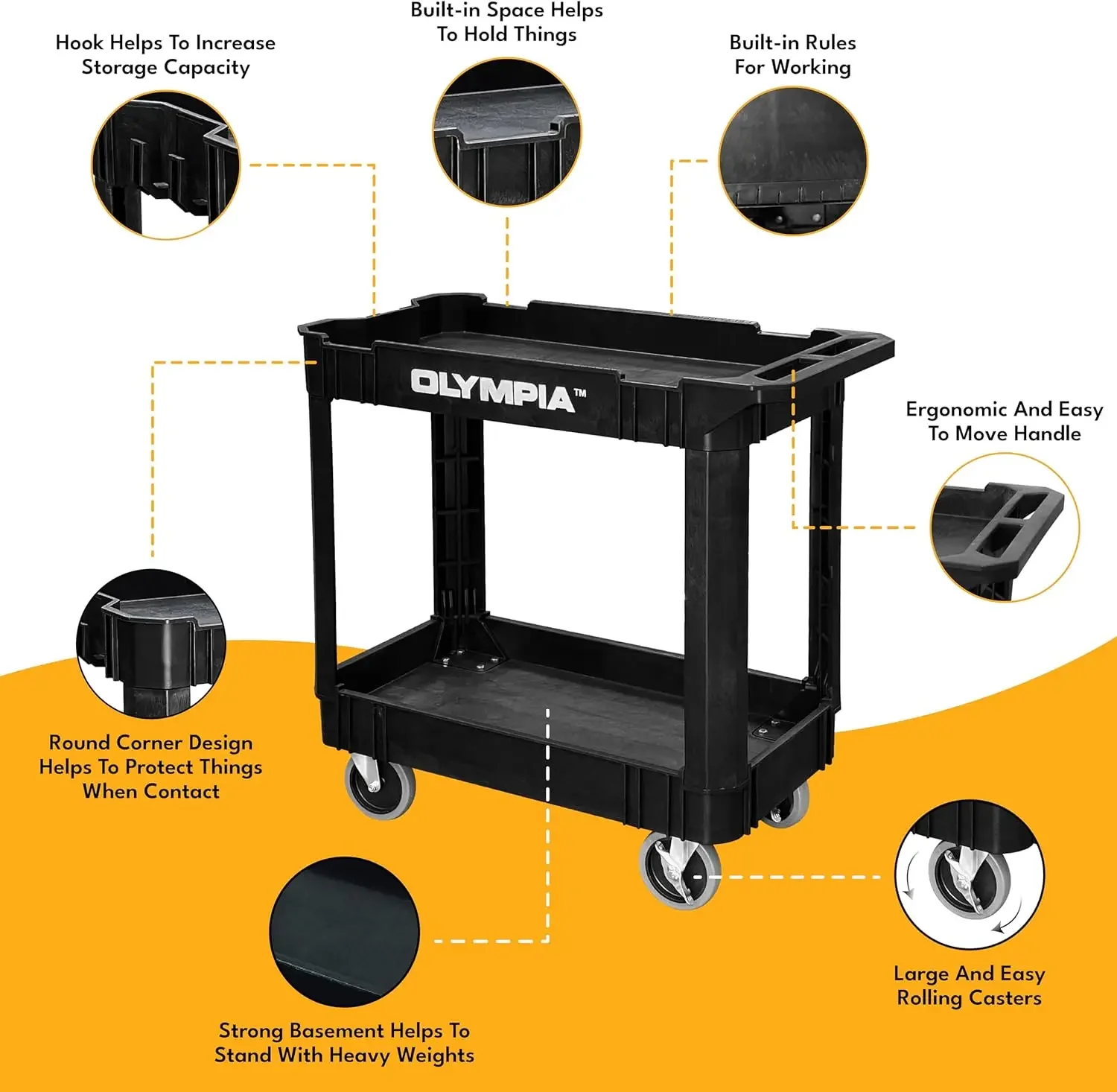 2 Shelf Black Rolling Utility Cart - Supports Up to 500 lbs, Comfort Handle - Heavy Duty Carts With Wheels - Great for Warehouse