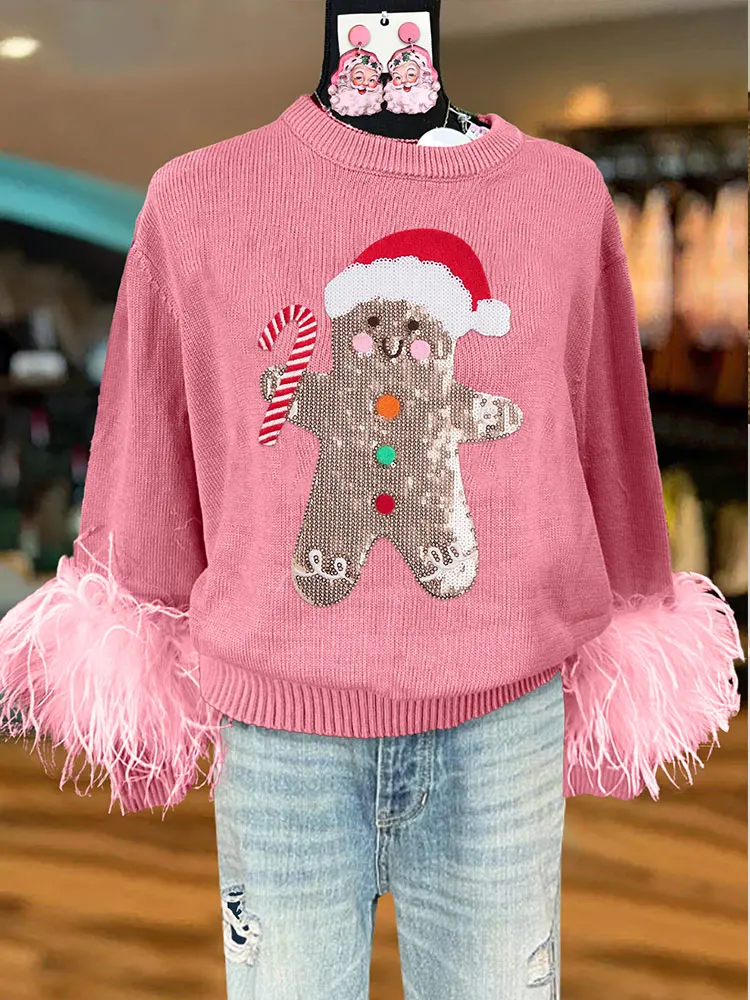 Cute Gingerbread Man Christmas Sequined Sweater