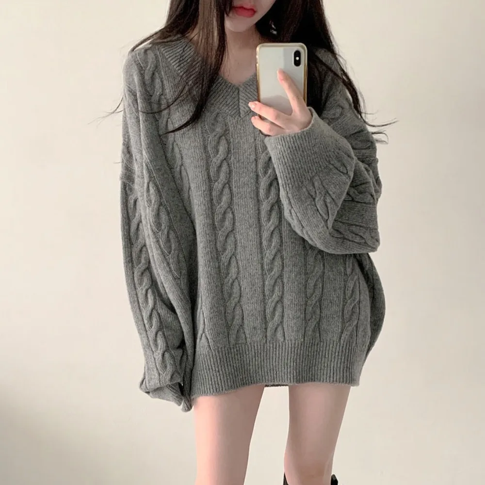 كوريا فضفاضة كسول الخريف والشتاء سترة برقبة على شكل v المرأة المقلية العجين التقلبات حفرة قطاع بسيط سميكة الحياكة