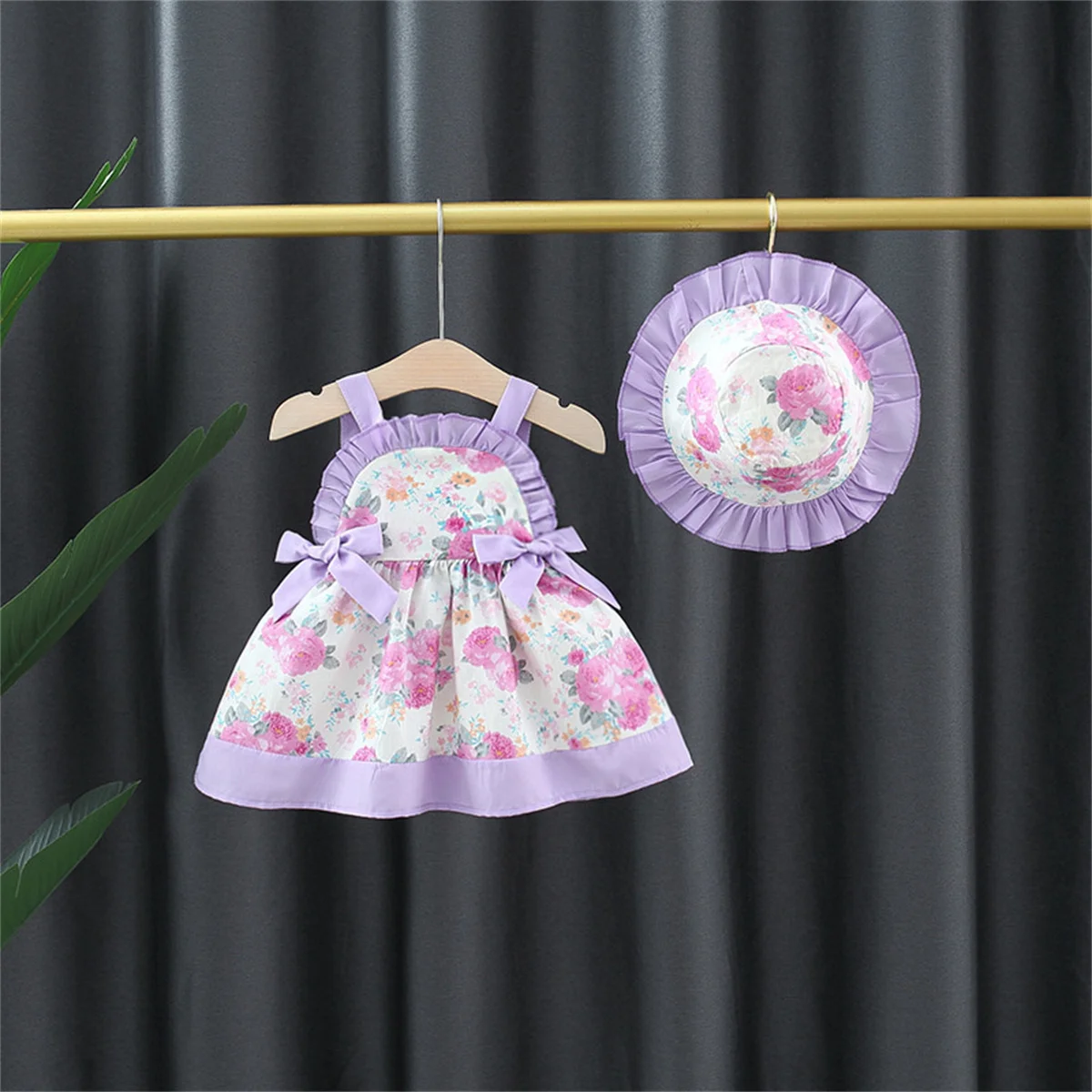 Summer 2-Piece Baby Girl Lolita Dress+Floral Hat Baby Bow Broken Floral Dew Back Sleeveless Cotton Beach 0-3 Year Old Dress