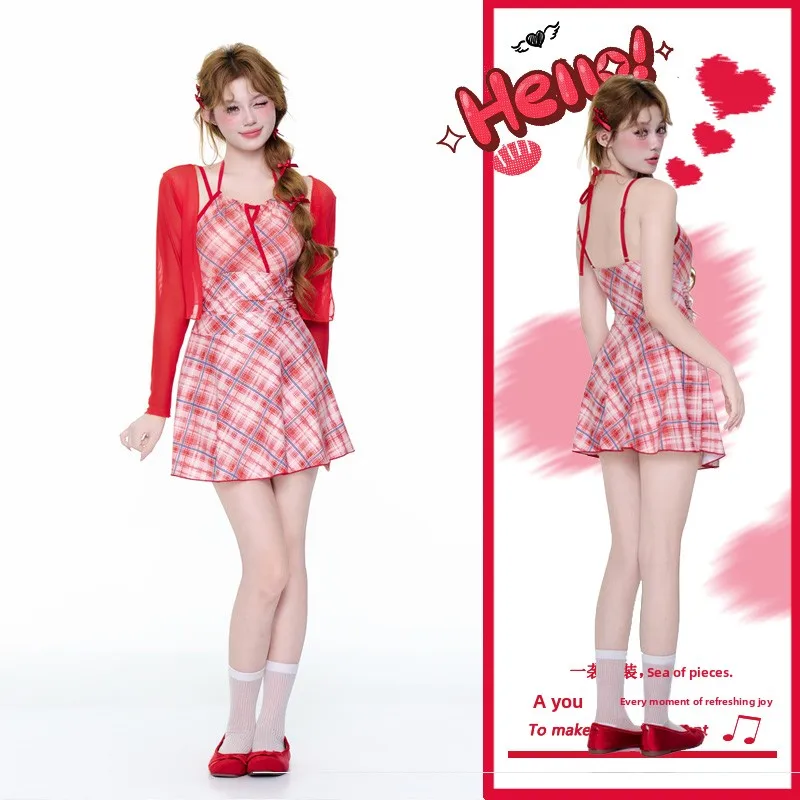 

Conservative One-Piece Swimsuit for Women V-Ne High Elastici Long Sve Slimming Japanese Sle Beach Vaion Swimwear