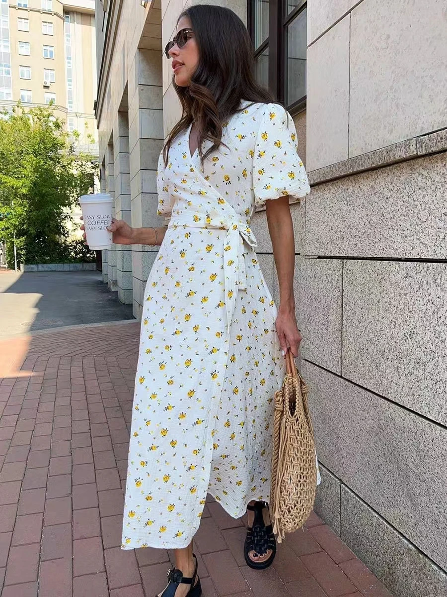 Stampato V-ne Bubble Sve ort-sved Dr Vita alta A-line Cotton Summer Dr per le donne Abbigliamento quotidiano Casual Dr