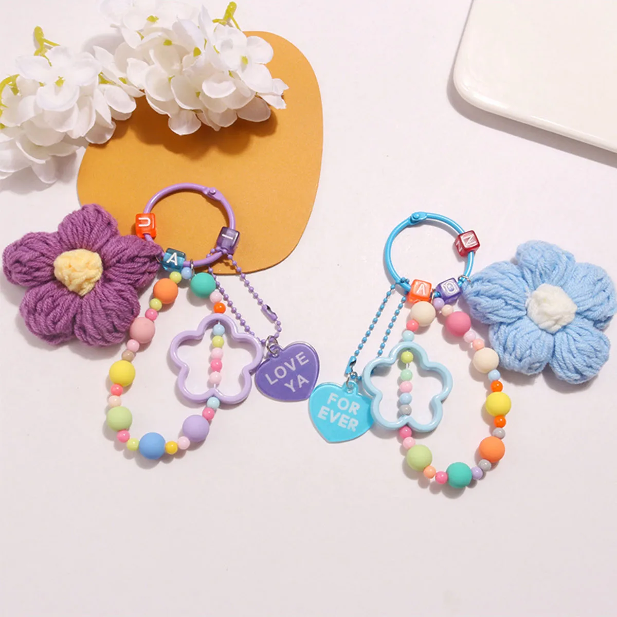 Colorful Knitted Flowers Key Chains Handmade knitted Five-petaled Flowers Decoration Keyring Gift