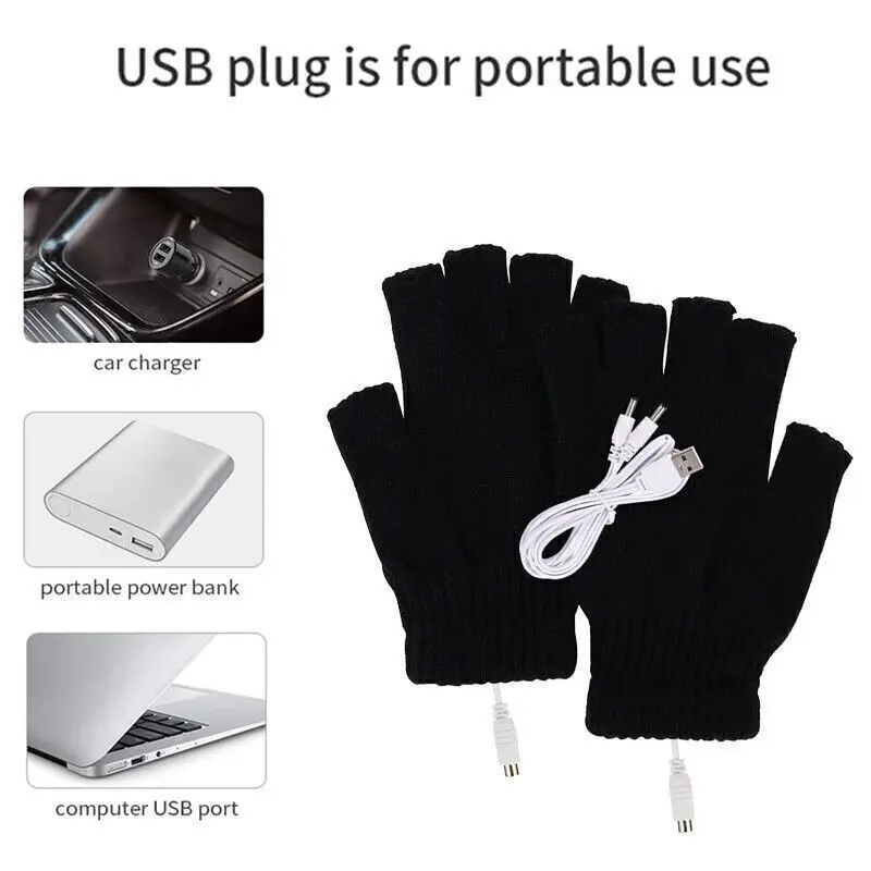 USB Electric Heated Gloves Heating Convertible Fingerless Glove Men Women Warm`