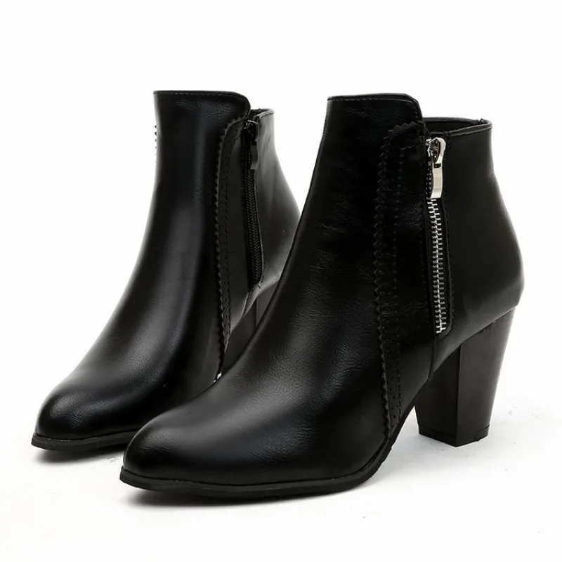 Women Short Boots Thick Heels High Heels Side Zippers Pointed Toe Low Cut Fashion Boots Casual and Fashionable Versatile