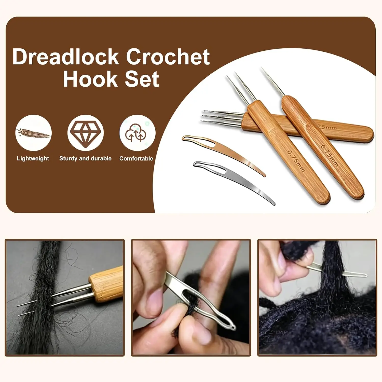 0.75/0.5Dread Crochet Hooks, Multi Heads Hair Loc Tool | Bamboo Grip Interlocking Weaving Needle, DIY Hair Tool for Dreads Braid