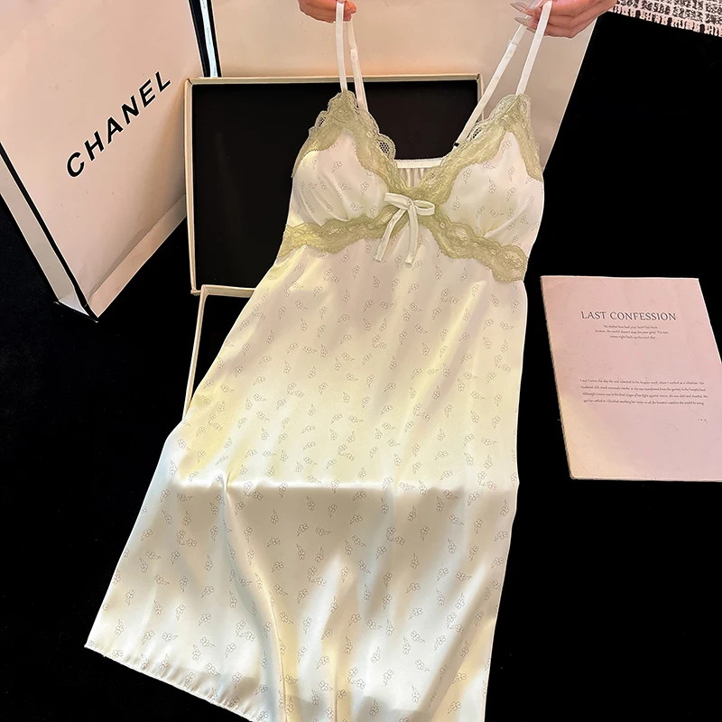 DAIMELU ice silk nightdress women's summer sexy sleepwear skirt pajamas light green lace print loungewear lady nightgown girl