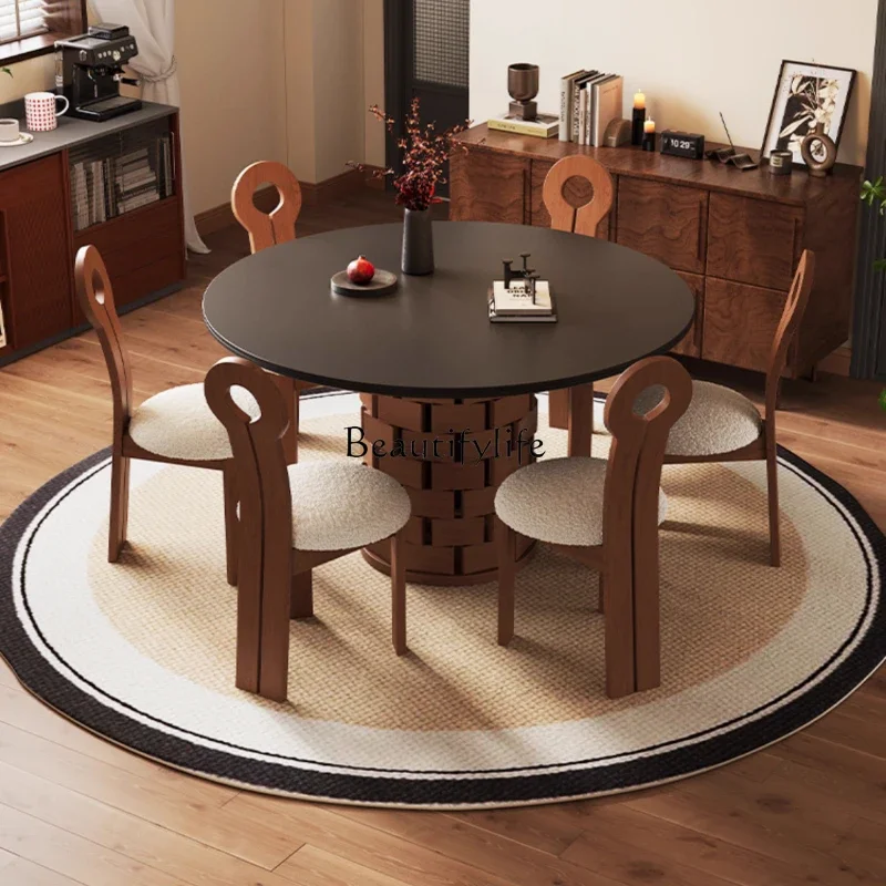 

yj15 Vintage Wabi-Sabi Style Round Stone Table for Home Use, Small Apartment Dining Table, French Retro Solid Wood