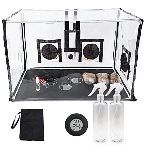 

Transparent Mycology Still Air Chamber With Propagation Tools, Spray Bottles, Thermometer, And Substrate Bags For Mushroom