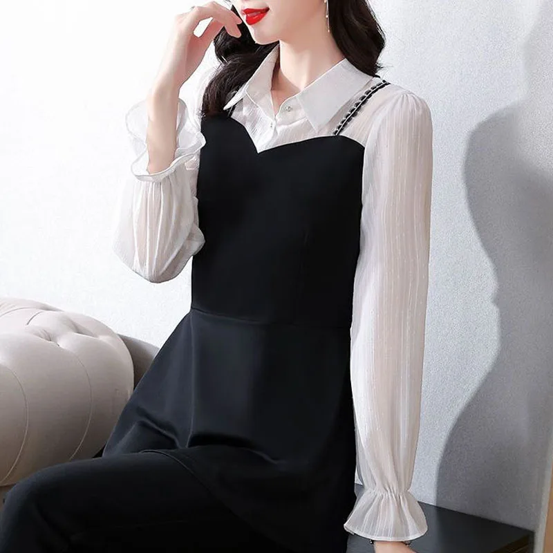 Women\'s Elegant Fake Two Pieces Flare Sleeve Shirt Spring Casual Fashion Commute Polo-Neck Lace Spliced Blouses Female Clothing