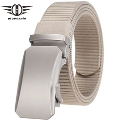 Plyesxale Luxury Designer Mens Military Automatic Buckle Nylon Belts Top Quality Gray Beige Belts For Man Casual Waist Belt B70