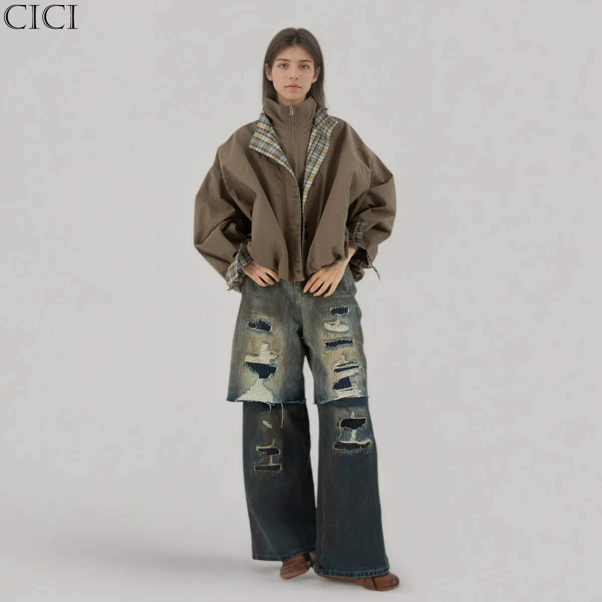 CiCi 2025 الخريف الشتاء الرجعية Colorblock منقوشة السترة معطف المرأة موضة وهمية قطعتين تصميم مزيج القطن والبوليستر #1