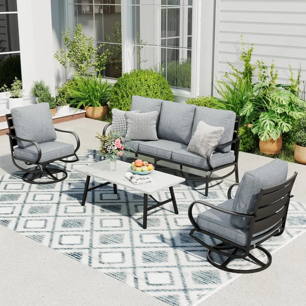 

4-piece Outdoor Furniture Set, 5 Seats, Including Swivel Armchair, Three-seater Sofa, and Marble-patterned Coffee Table