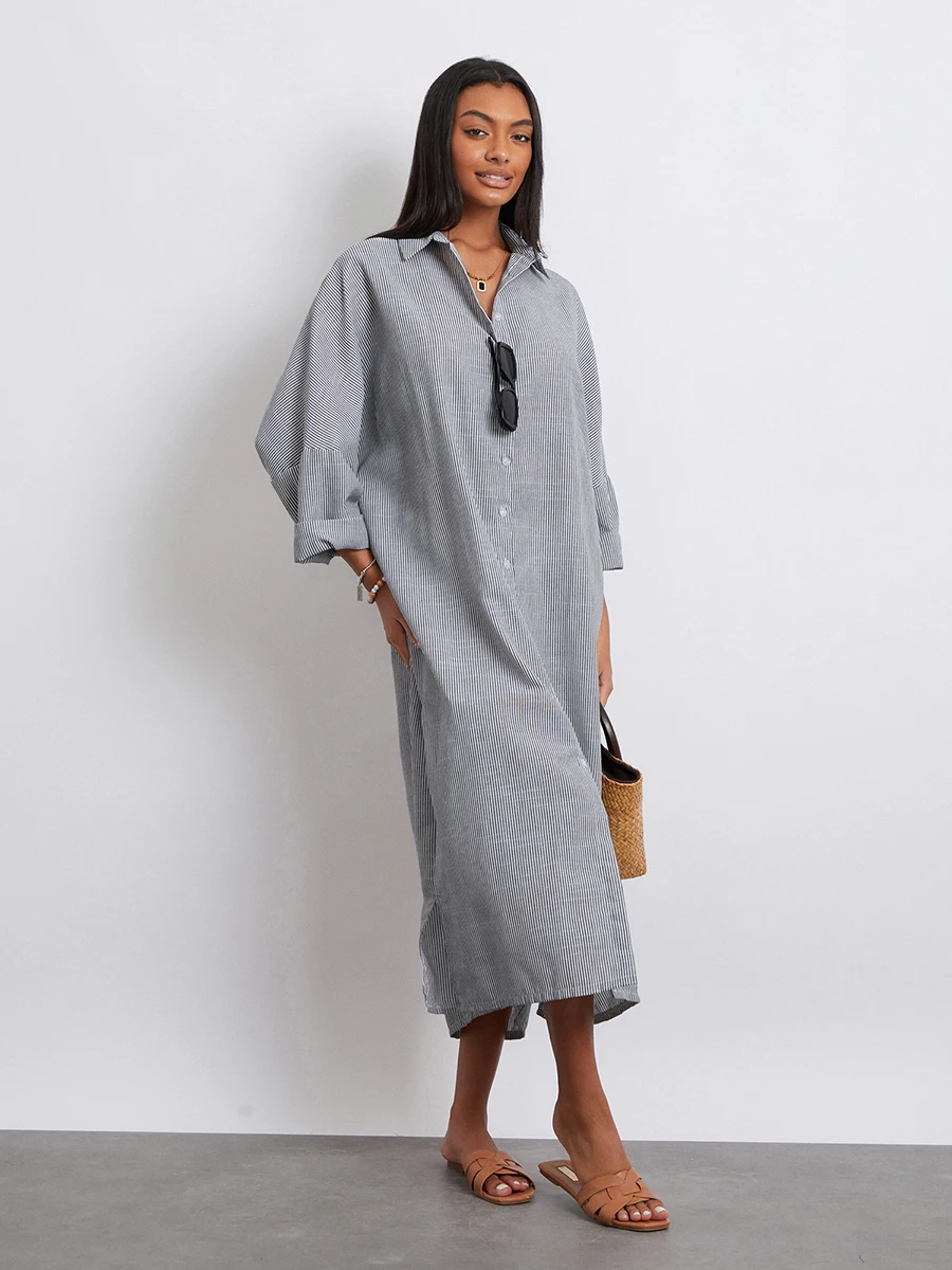 Women Shirt Dress Long Sleeve Turn-down Collar Striped Dress Loose Long Dress for Casual Daily