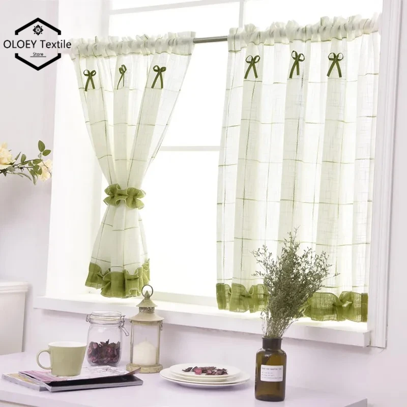 

Custom Pastoral Short Curtains White Yarn Tulle Green Hemline Cotton Linen Kitchen Half Window Drapes Dustproof Country Style