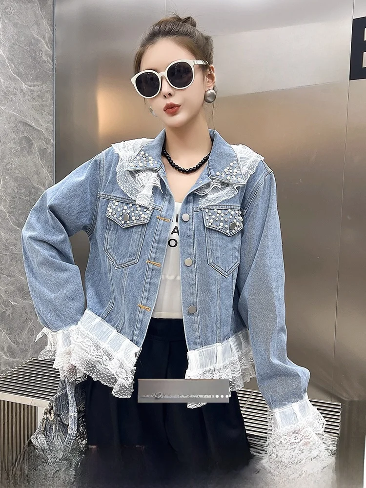

European Sle Heavy Du Sequin Denim Jaet Women's Spring Autumn Patchwork Sle Button down ort Coat Flip Collar Long S...