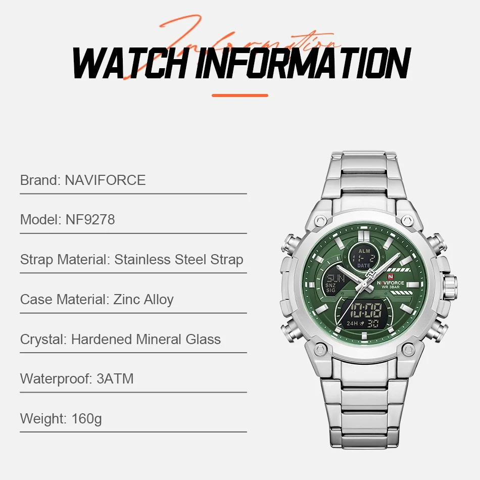 

NAVIFORCE Men's Watch Multi-Functional Stainless Steel Band 3ATM Dual Display Time Watch Alarm Countdown Timer Boy Sports Clock