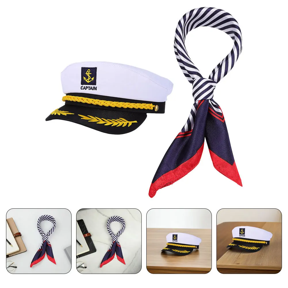 1 Juego de sombrero de capitán, sombrero de marinero y bufanda, diseño náutico clásico para hombres y mujeres, accesorios de disfraz