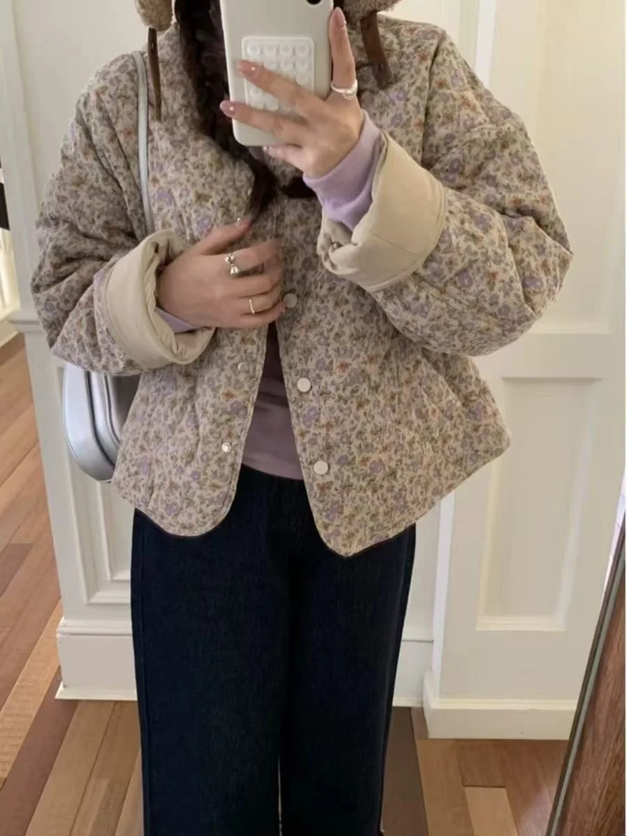 

Корейское круглое хлопковое женское пальто Ne с цветочным принтом, зимнее пальто, удобное повседневное длинное пальто свободного покроя