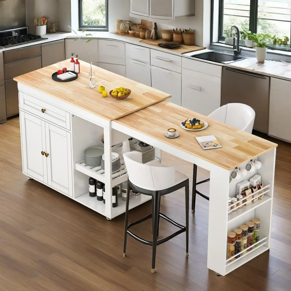 

81.5" Kitchen Island with Extendable Dining Table, Rolling Kitchen Cart on Wheels with Spice Rack, Drawer and Door Cabinet