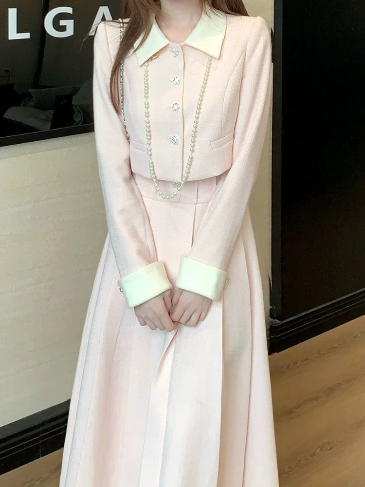 France chaud doux rose 2 pièces ensemble Design de mode revers court ample mince Cardigan femmes élégant taille haute Bouffant jupe longue