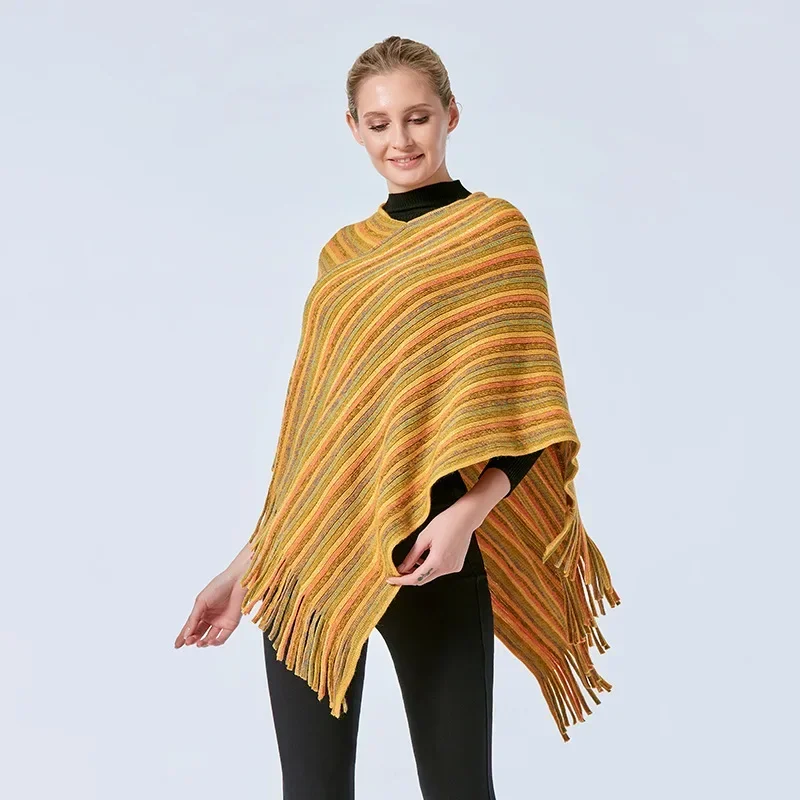 2023 frühling Herbst Frauen Mantel Schal Mantel Farbige Seide Bedrohung Äußere Cape Gestrickte Mantel Farbe Streifen Pullover Khaki