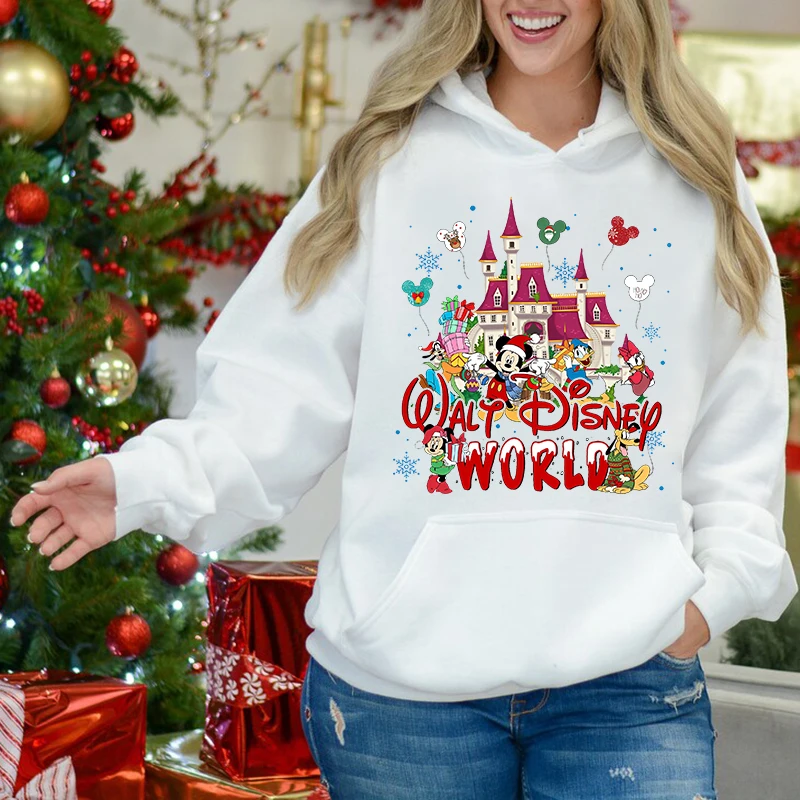 Mickey Mouse Christmas Print Women\'s Autumn and Winter Hoodie Plus Velvet Sports Sweater White Loose Top