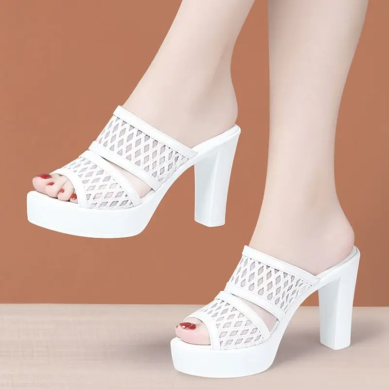 10cm Big Small Size 32-43 Cutout Bright Leather Slippers Summer Platform Shoes 2023 Block High Heels Slides for Office Model