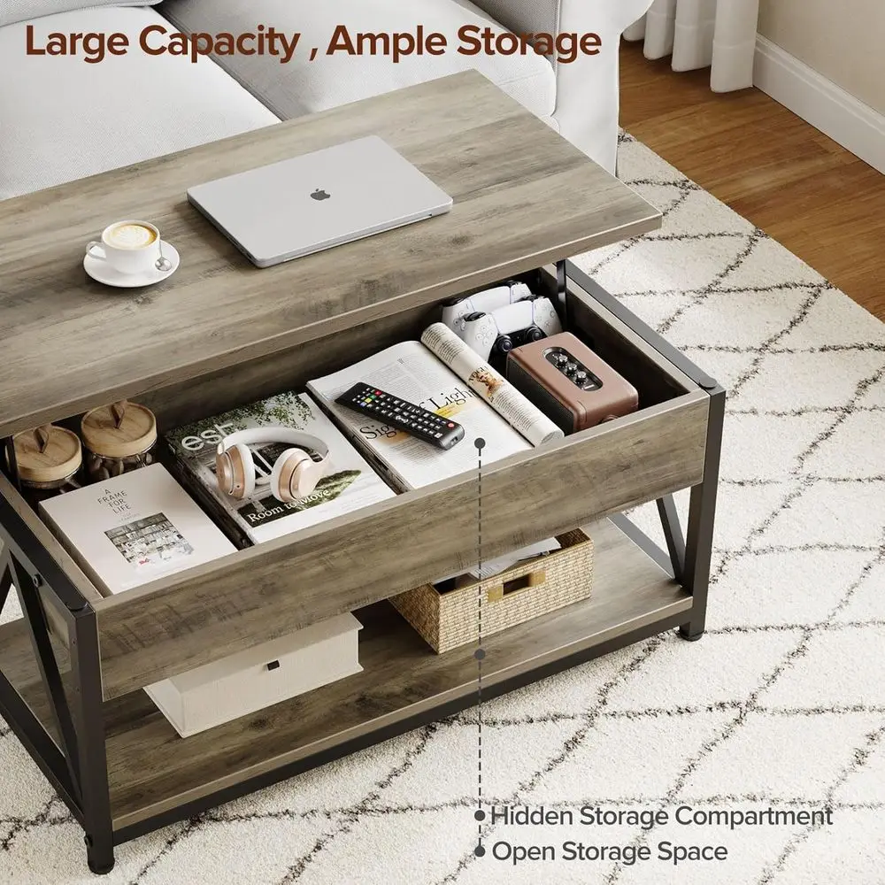 Gray Lift-Top Coffee Table with Storage and Hidden Compartment for Living Spaces