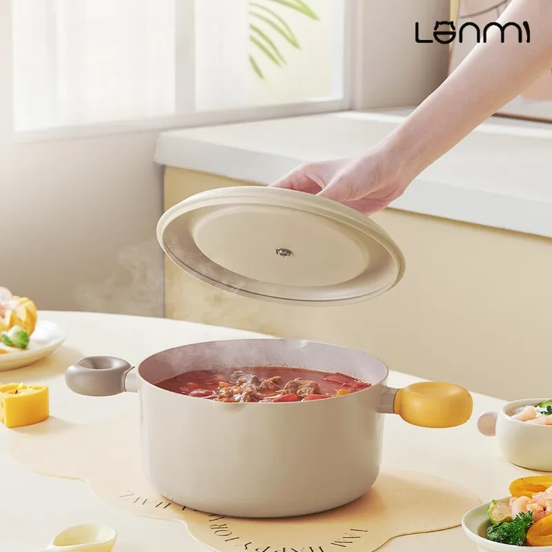LANMI 22CM Double Ear Aluminum Alloy Stew Pot with Transparent Lid Non-stick Cooking Pot Cookware Hotpot Suitable for Home