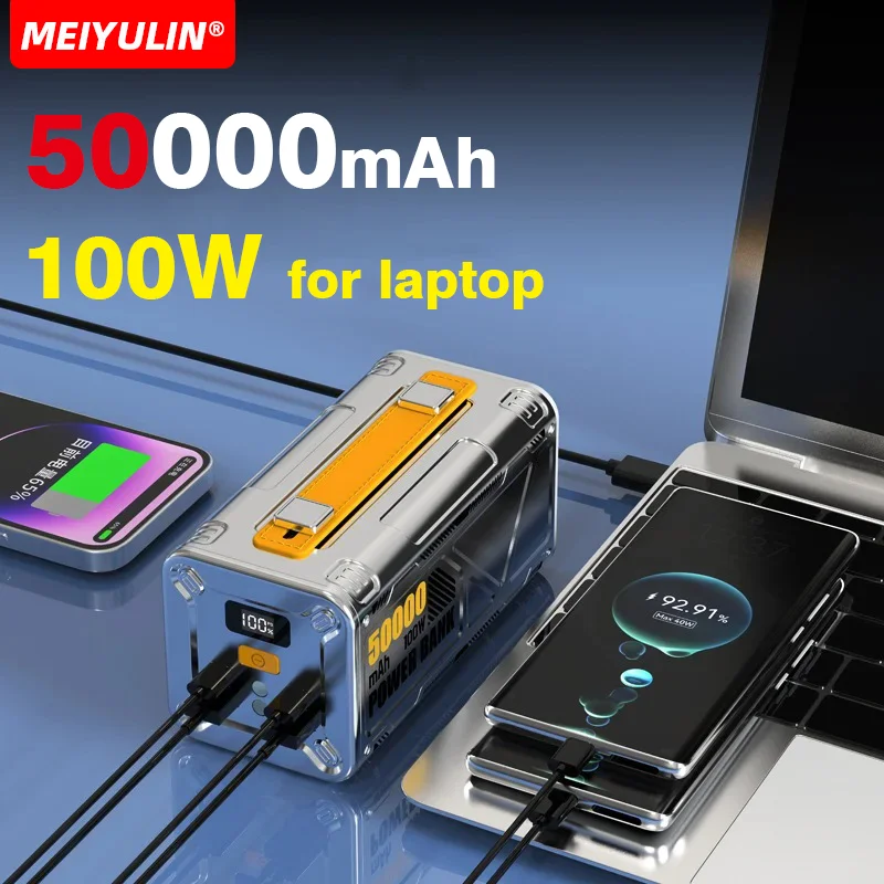 100W Portable Power Bank With Cable PD Fast Charging Large Capacity 50000mAh Powerbank External Spare Battery For Laptop iPhone