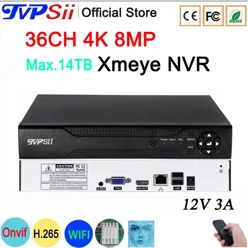 

Face Detection 12V 3A XMeye Surveillance Video Recorder 8mp 4K 36CH 36 Channel H.265+ Max.14TB Onvif CCTV DVR NVR System