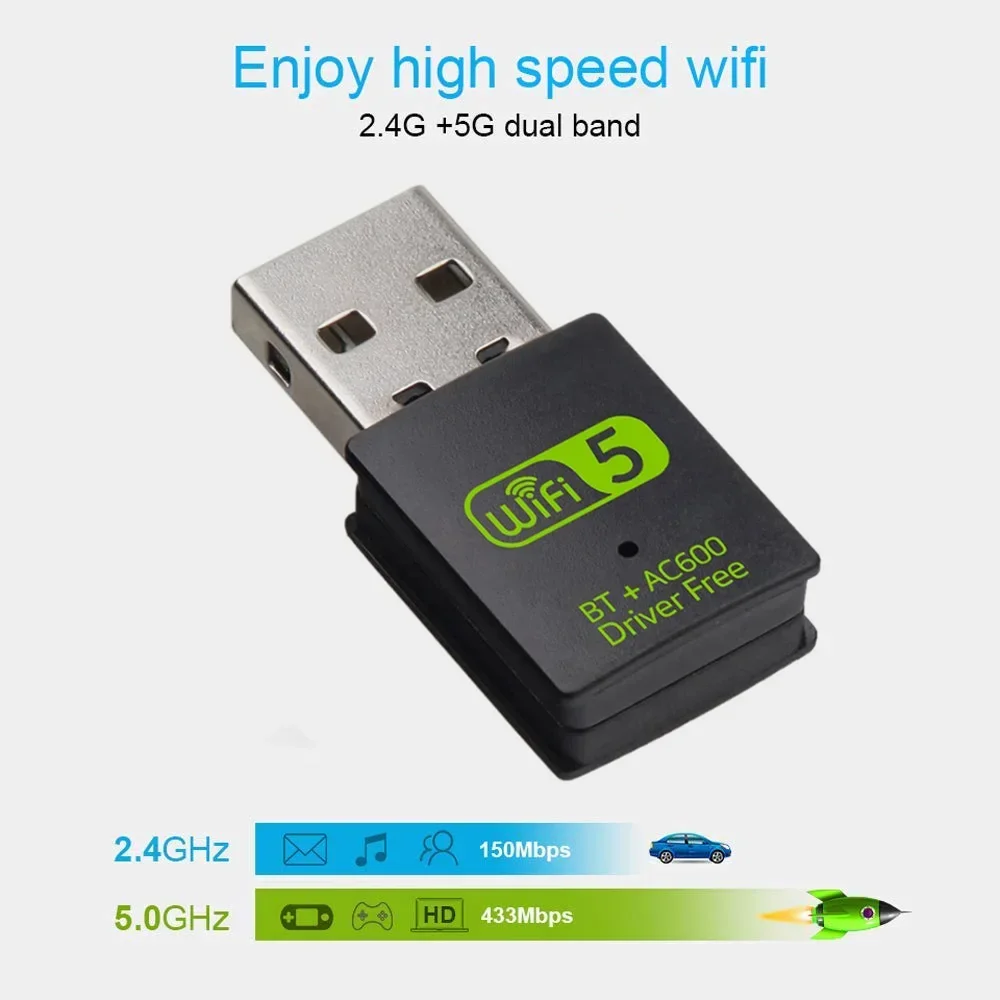 600Mbps USB WiFi ตัวแปลงบลูทูธ Dual Band 2.4GHz 5GHz เครือข่ายไร้สายขนาดเล็กภายนอก