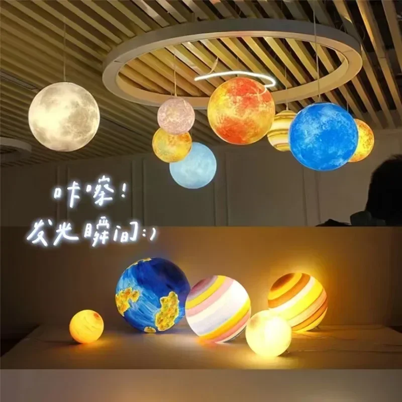 LED Star Hang Lamp Planet Ceiling Chandelier Lustre Suspend Light Mars Sun Moon Jupiter Creative for Living Bed Room Home Decor