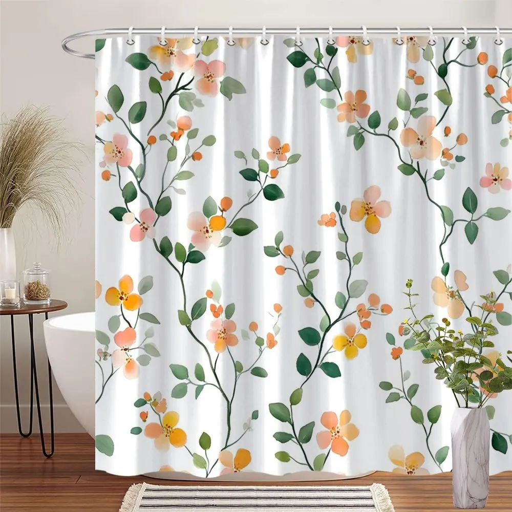 

1 нежная занавеска для душа с цветочным принтом оранжевого и персикового цвета, мягкий акварельный дизайн, с крючками, полиэфирная ткань, можно стирать в машине.