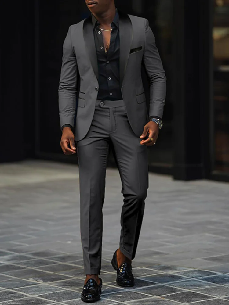 Men Contrast Red Peak Lapel Single Breasted Blazer Pants Two Piece Suit Slim Cut Formal Wedding Banquet Matching Outfit Set