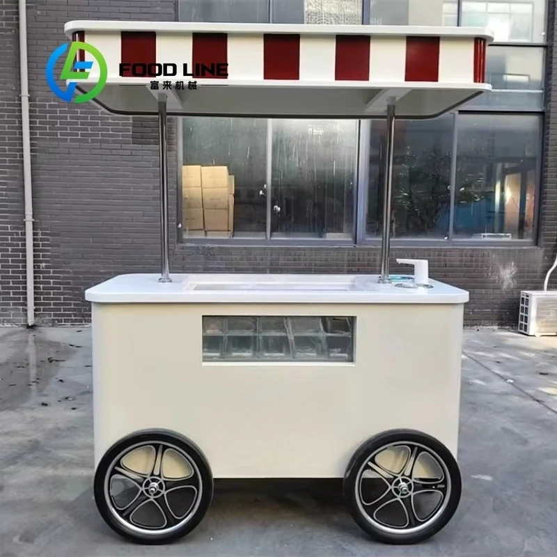 

Customized Commercial White Red Awning Hand Push Ice Cream Fast Food Cart Outdoor Mobile Street Vending Trolley