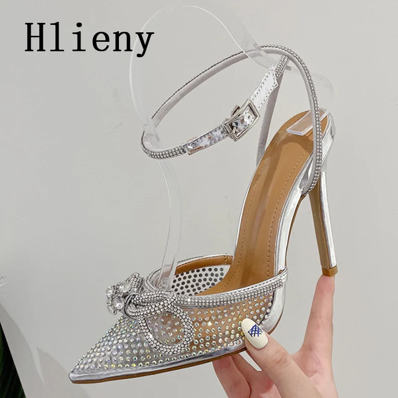 Hlieny Transparent PVC Rhinestone Women Pumps Fashion Silver Pointed Toe Bowknot Sandals High Heels Crystal Wedding Party Shoes