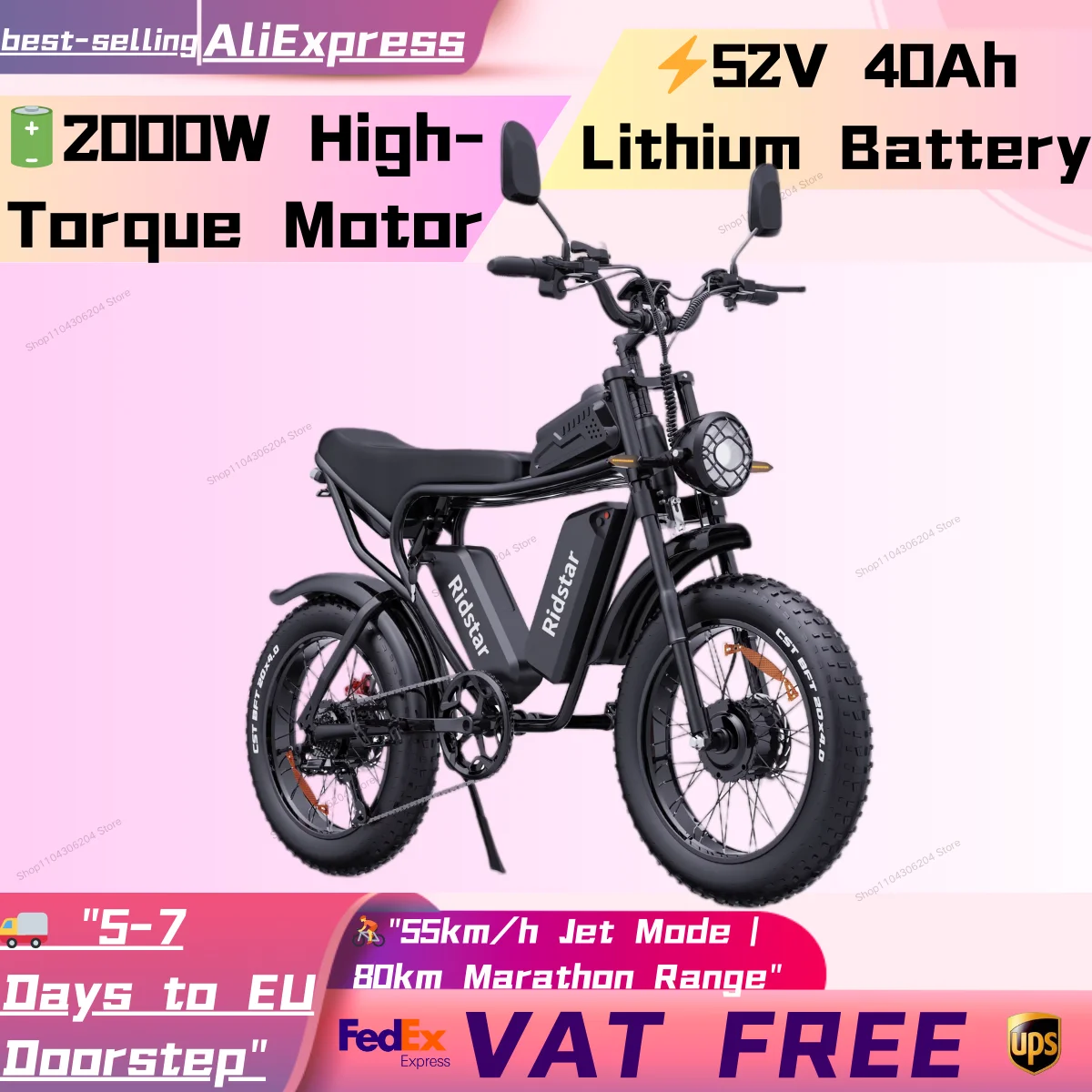 Ridstar-Bicicleta Eléctrica Q20 Pro, Motor Dual de 2000W, dos baterías de 40Ah, velocidad máxima de 60 KM/H, máximo kilometraje de 120KM, modo PAS, 20x4,0