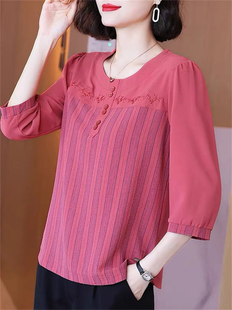 5XL Women Spring Summer Blouses Shirts Lady Fashion Casual Half Sleeve O-Neck Collar Stripe Embroidery Blusas Tops TT2245